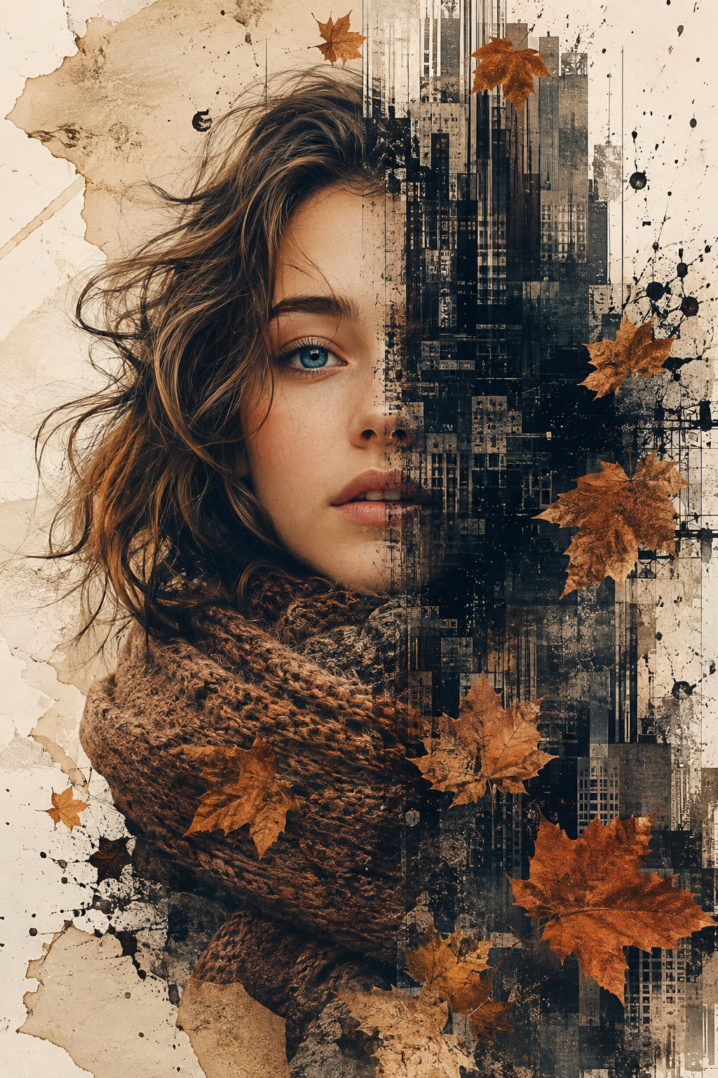 Surreal Double-Exposure Portrait with Urban Merge and Autumn Leaves
