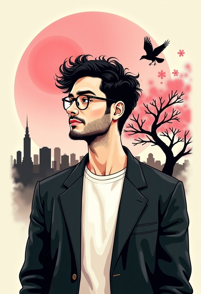 Ink Wash Portrait of Curly-Haired Man with Cherry Blossoms and City Skyline