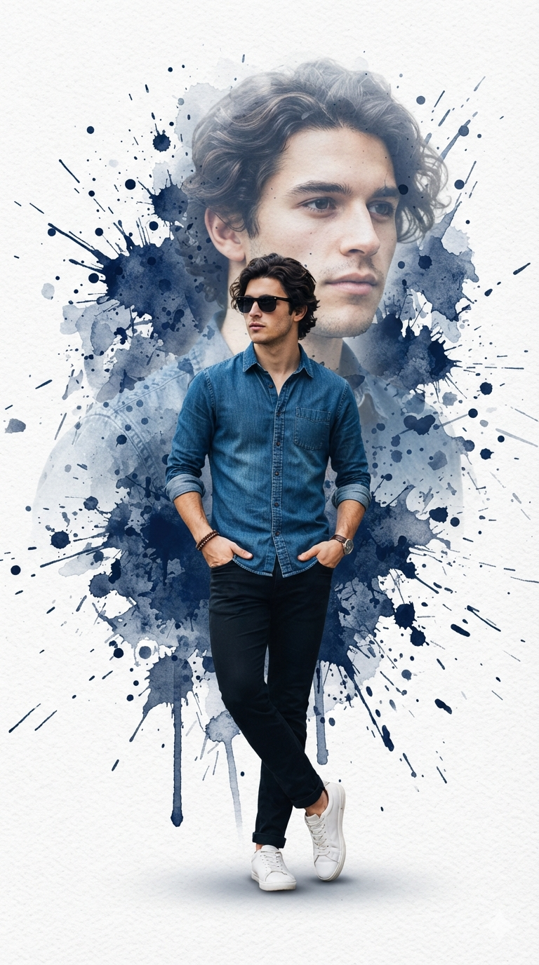 Double Exposure Watercolor Portrait with Blue Ink Splash Effect