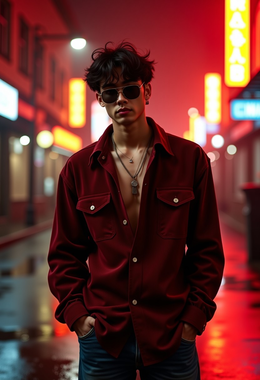 Moody Red-Lit City Street Fashion Portrait
