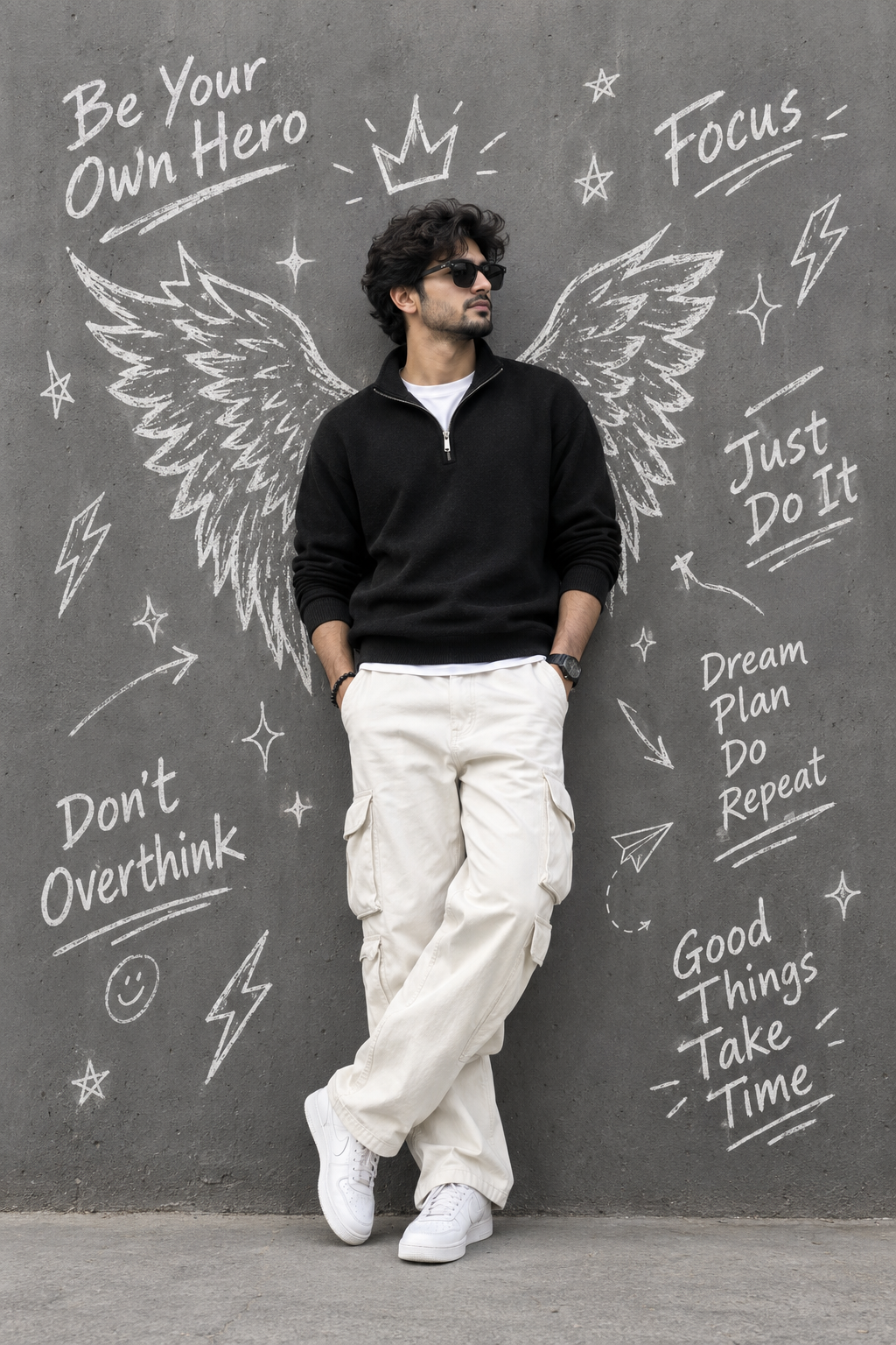 Streetwear Portrait with Hand-Drawn Motivational Doodle Wall