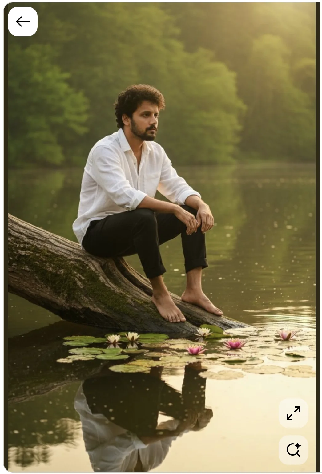 Barefoot Man Sitting on Log Over Lily Pond at Golden Hour