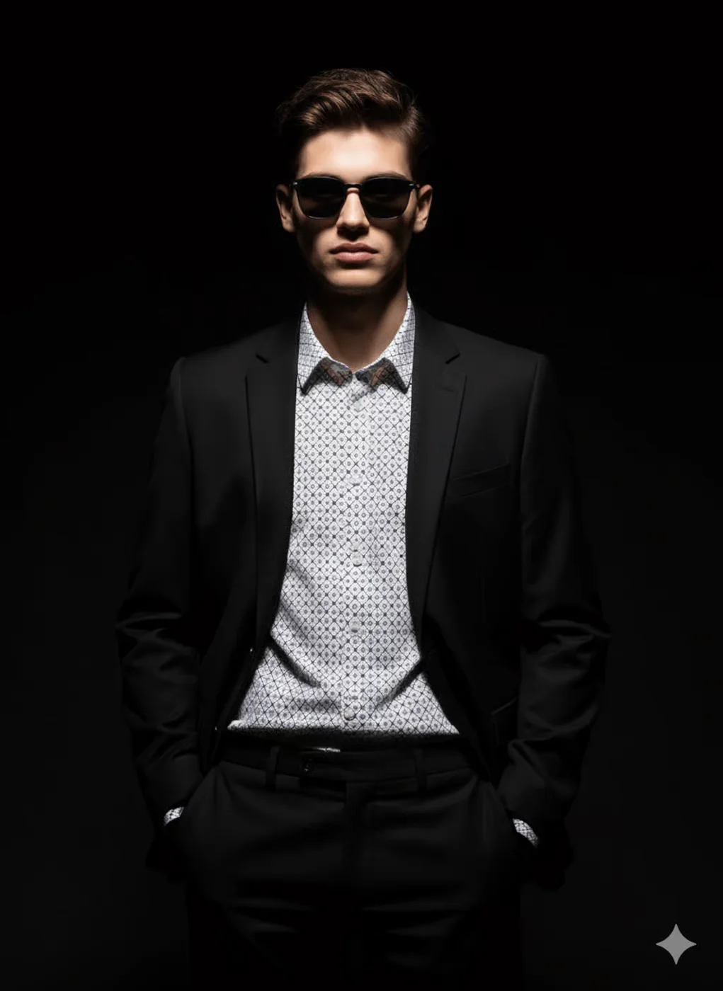 Confident man in suit and shadows