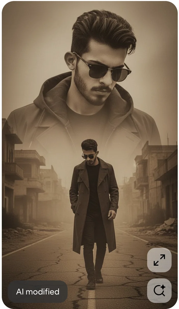 Double exposure portrait of stylish man walking down foggy street