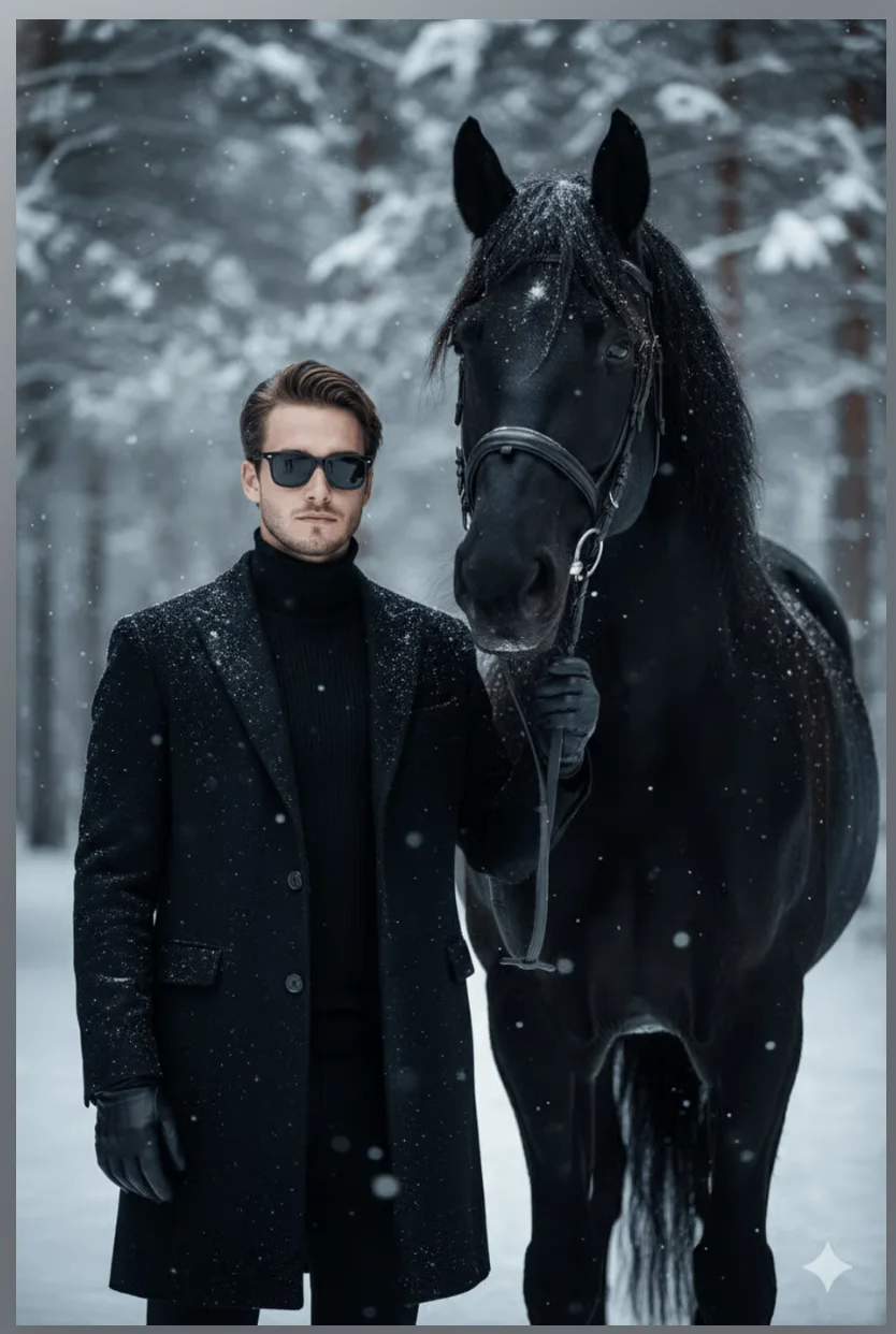 Man in Black Coat with Black Horse in Snowy Forest