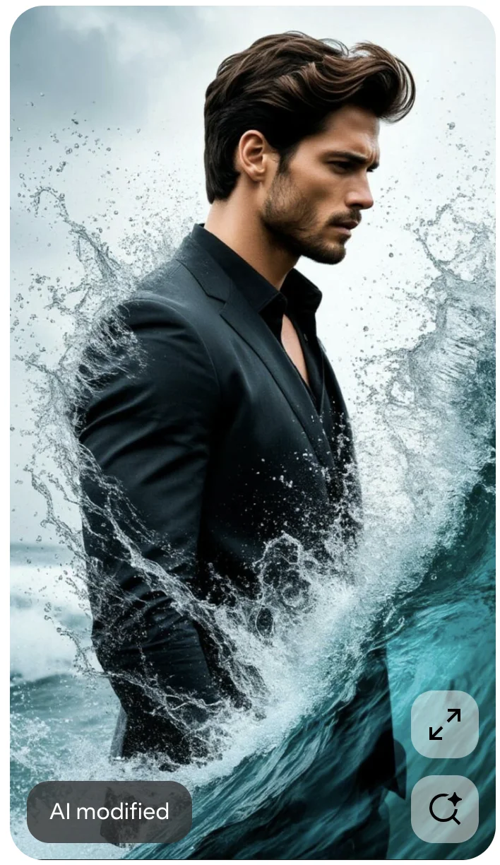 Man in Suit Emerging from Crashing Ocean Wave