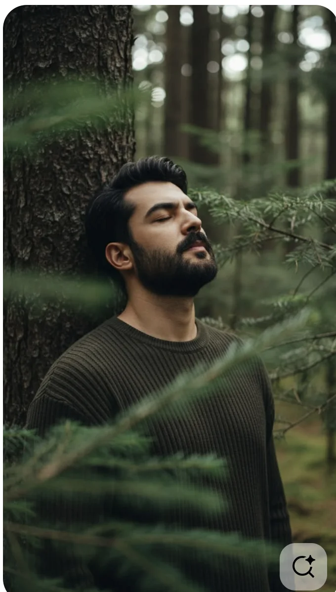 Man Leaning Against Pine Tree in Forest, Eyes Closed