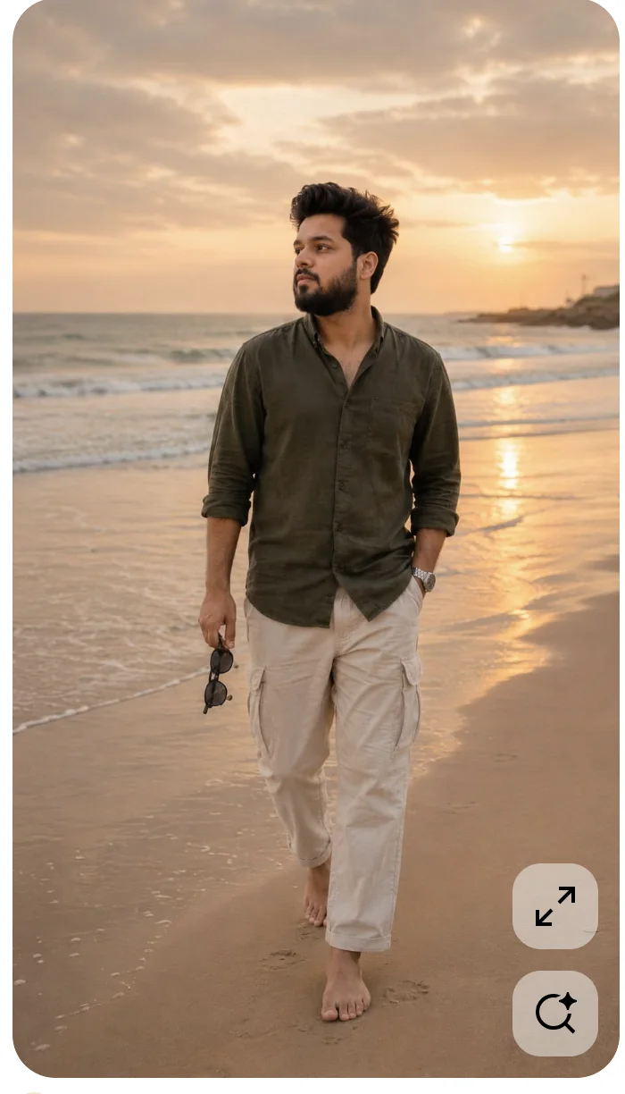 Man Walking Barefoot on Beach at Golden Hour