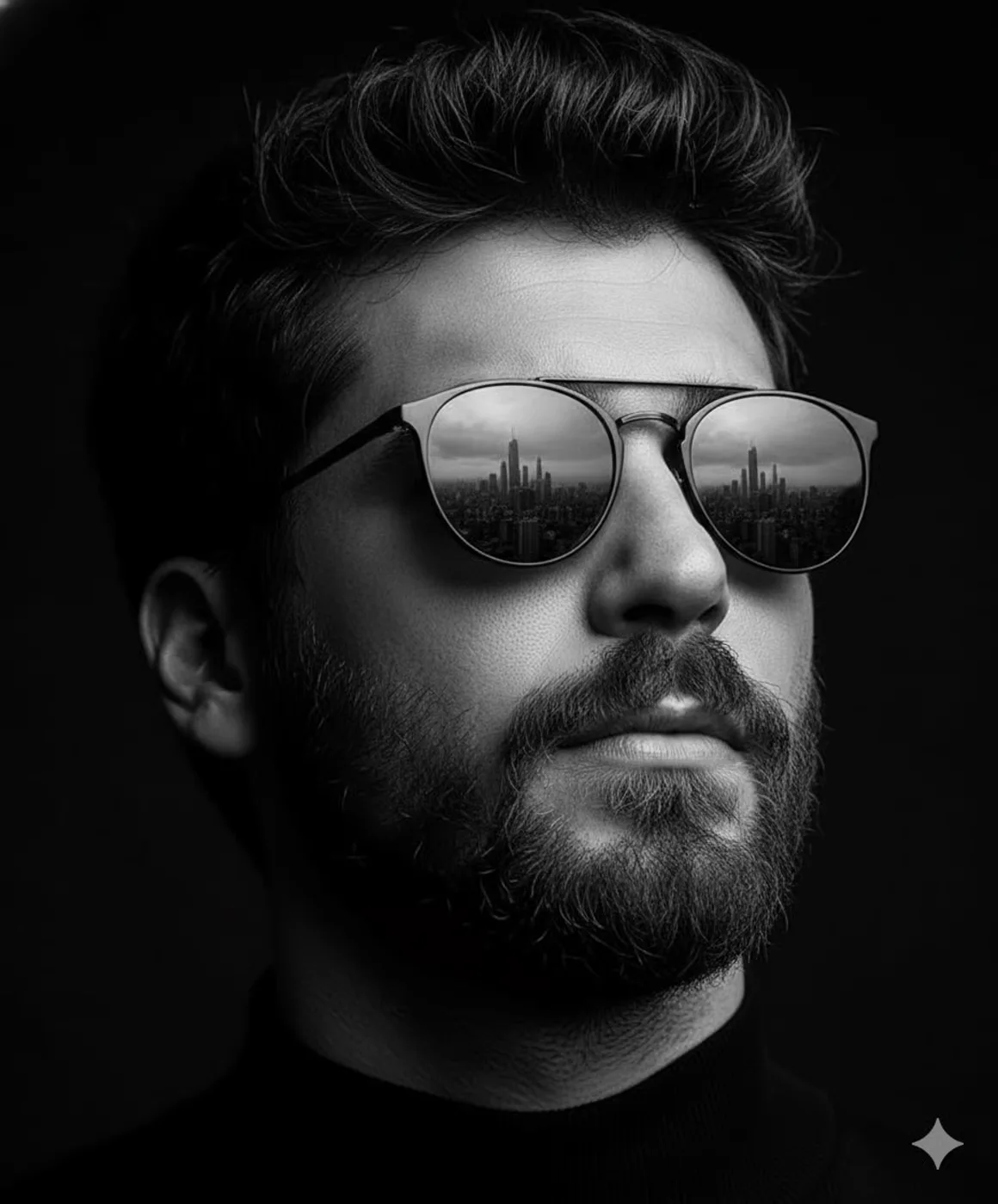 Reflective black-and-white portrait