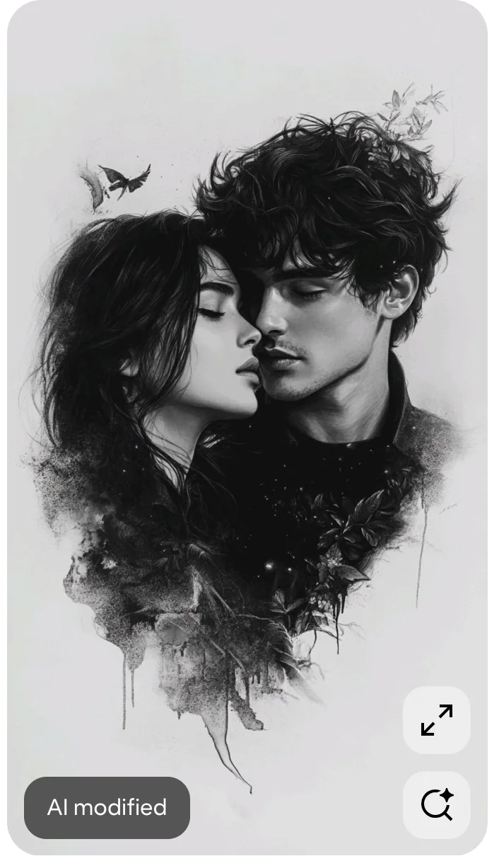 Romantic Couple Charcoal Sketch with Floral Dissolve