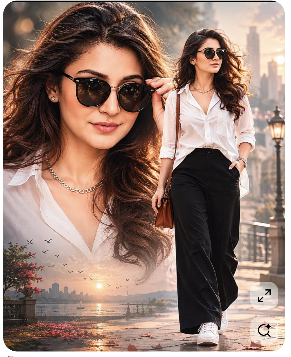 Split-Frame Fashion Portrait with Sunset City Backdrop