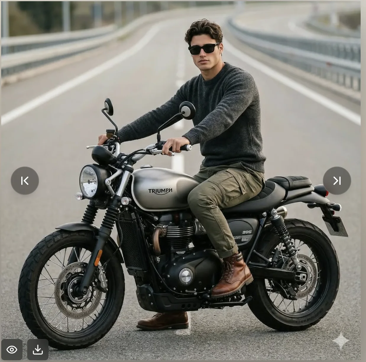 Stylish Man on Classic Motorcycle Highway Portrait
