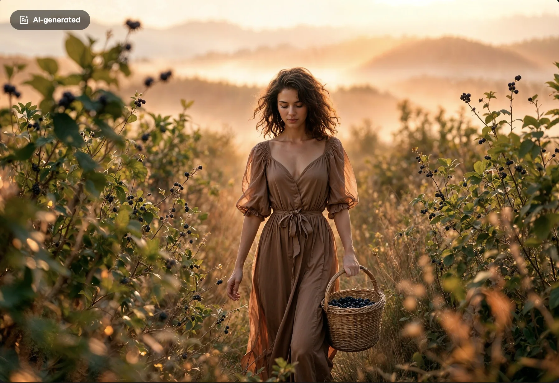 Woman Foraging Berries at Golden Hour in Countryside Field