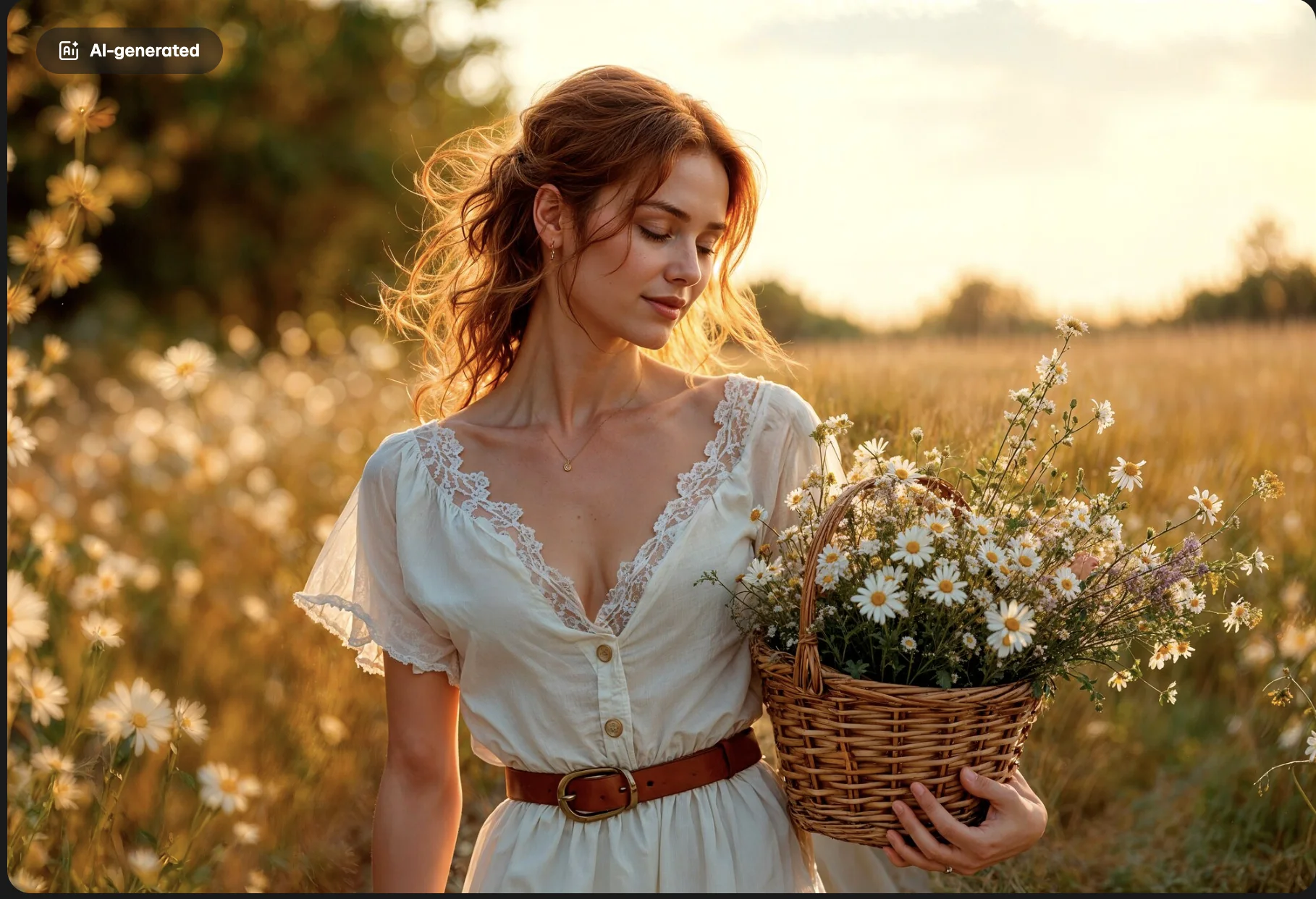 Woman with Wildflower Basket in Golden Hour Meadow